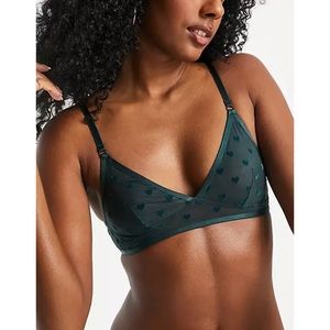 Monki dark green polyamide mesh heart print bralette and panty set